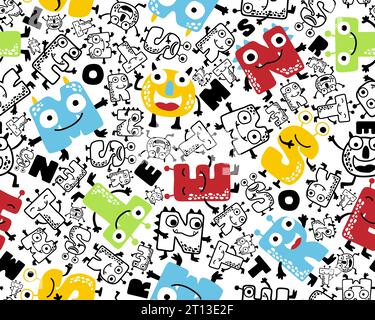 Seamless pattern vector with funny monster alphabet cartoon Stock Vector