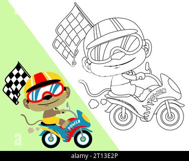 Vector illustration of funny monkey cartoon wearing helmet and racer glasses on motorbike while carrying finish flag Stock Vector