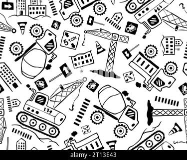 Seamless pattern vector of hand drawn construction vehicle cartoon with construction elements Stock Vector