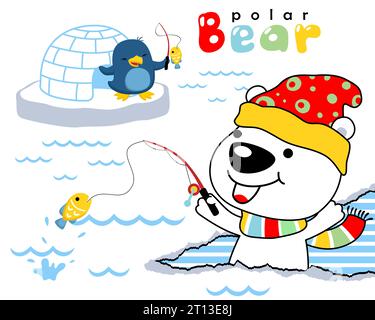 Vector cartoon of polar bear and penguin fishing in ice land. Antarctica element cartoon Stock Vector