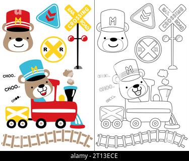 Funny bear cartoon on steam train with locomotive elements, coloring book or page Stock Vector