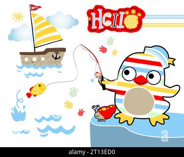 Vector illustration of penguin and hermit crab cartoon fishing with sailboat in the sea Stock Vector