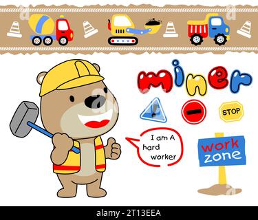 Vector cartoon of funny bear in worker costume while holding hammer with construction elements cartoon Stock Vector