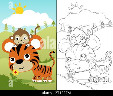 Cartoon of cute tiger with monkey smelling flower on nature background Stock Vector