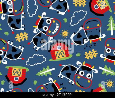 seamless pattern vector with farm elements cartoon. Cow, barn, tree, fence. Stock Vector