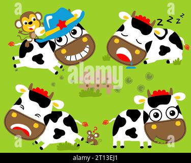 Vector set of funny cow cartoon with monkey and rat in different activity, farm elements cartoon Stock Vector