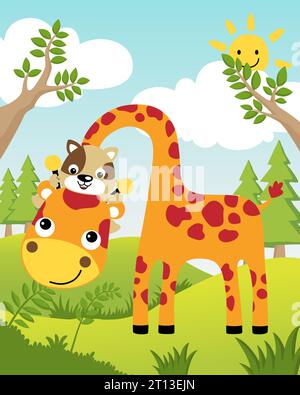 Cartoon of funny cat riding on giraffe's neck in jungle on blue sky background Stock Vector