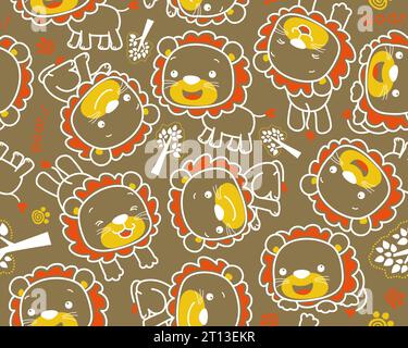 seamless pattern vector of funny lion cartoon in outline concept, trees and animals trail Stock Vector