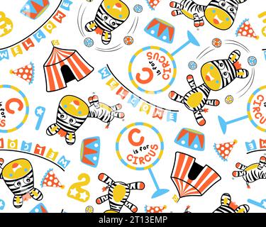 Seamless pattern vector of circus elements cartoon with funny zebra. Stock Vector