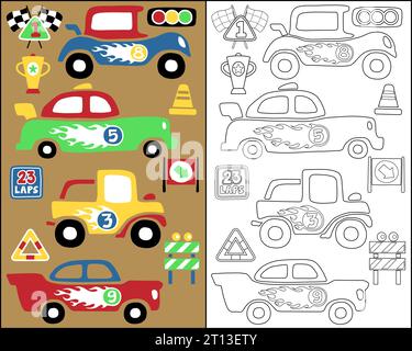 Vector illustration of vintage race cars with racing elements cartoon, coloring book or page Stock Vector