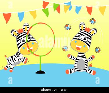 Vector illustration of twin zebra cartoon in circus show Stock Vector