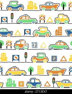 seamless pattern vector of hand drawn vehicles cartoon with traffic signs and buildings Stock Vector