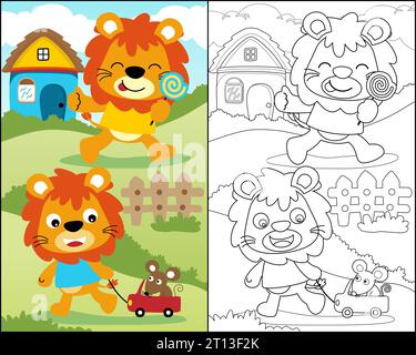 coloring book with funny lion cartoon, cute lion activity with mouse on field and house background Stock Vector