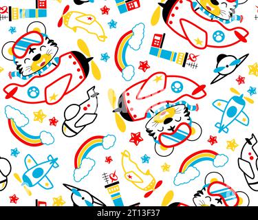 Seamless pattern vector of tiger on plane, flight elements cartoon Stock Vector