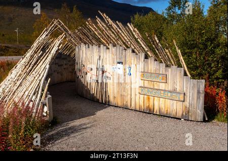 September 14, 2023: Abisko is the northern starting point of the Kungsleden Trail, also known as the King's Trail. Abisko National Park, Abisko, Sweden. The Kungsleden is one of the world's most magnificent long distance hiking trails. The trail is over 430km long and travels from Abisko in the north to the southern terminus in Hemavan. Supported by 16 mountain cabins, the trail is popular for hikers during the summer months and for ski touring during the winter. Stock Photo