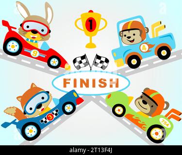 vector illustration set of car racing with funny animals racer Stock Vector