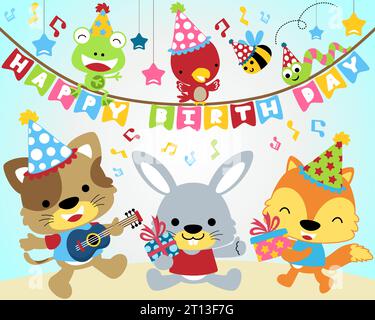 Funny animals cartoon vector in birthday party. Birthday elements cartoon Stock Vector