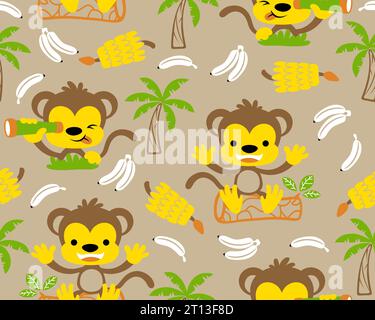 Vector of seamless pattern with monkeys cartoon and banana tree and banana fruits Stock Vector