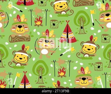 Vector of seamless pattern with bear and monkey wearing Indian feather headdress, Indian tribe elements Stock Vector