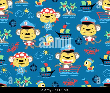 Vector of seamless pattern with monkeys cartoon on sailing theme set. Stock Vector