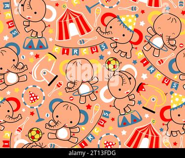 Vector seamless pattern of circus cartoon animals with elephants, circus elements. Stock Vector