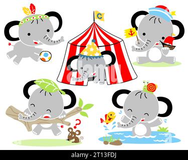 vector illustration set of little elephant cartoon in activities Stock Vector