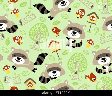 Vector of seamless pattern with raccoon cartoon and birds, trees and leaves Stock Vector