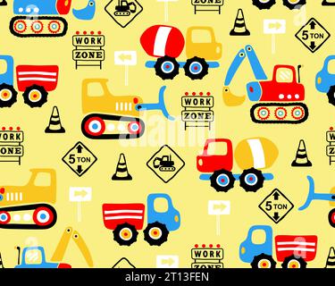 Vector seamless pattern of hand drawn industry vehicle cartoon, construction signs Stock Vector