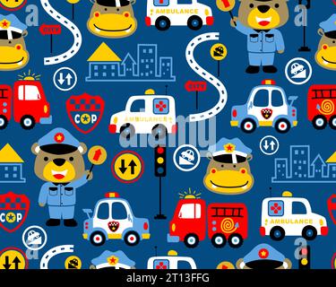 Vector of seamless pattern with animals rescue team cartoon, bear and hippo in police uniform Stock Vector