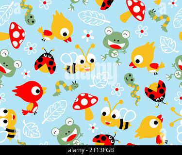 Vector seamless pattern of bugs cartoon and bird with leaves and flower Stock Vector