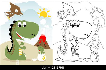 coloring book vector of cute dinosaurs cartoon on volcano and blue sky background Stock Vector