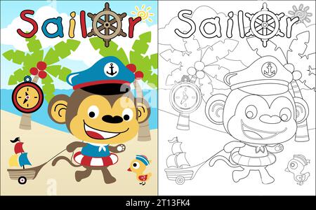 Coloring book vector of monkey cartoon playing as a sailor in the beach with little duck Stock Vector