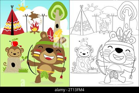Coloring book vector of funny bear and monkey in Indian tribes costume playing archery Stock Vector