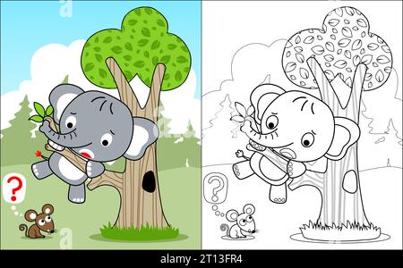 Coloring book vector of elephant climb trees because afraid of rat Stock Vector