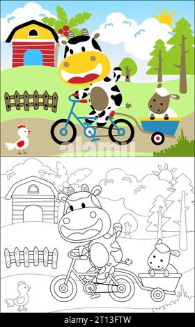 Coloring book vector of funny cow riding bicycle pulling sheep on wheelbarrow. Farmyard animals on farm field background Stock Vector