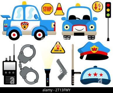 Vector cartoon set of funny police car with police's equipment Stock Vector