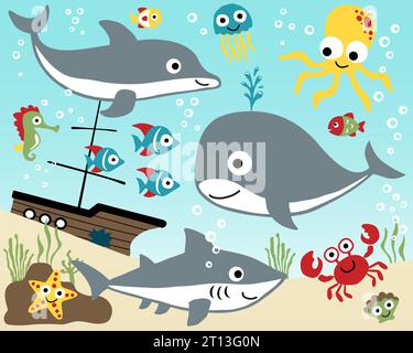 Vector set of marine animals cartoon with sinking ship under sea Stock Vector
