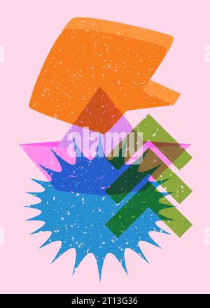 Risograph paper ship with speech bubble and geometric shapes. Origami boat with geometry elements in trendy riso graph design. Stock Vector