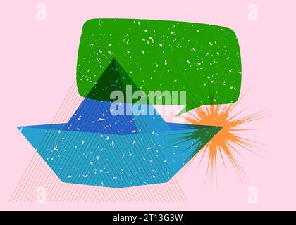 Risograph paper ship with speech bubble and geometric shapes. Origami boat with geometry elements in trendy riso graph design. Stock Vector