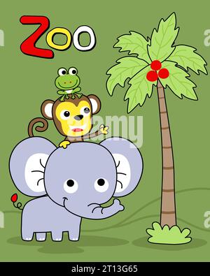 Vector cartoon of monkey and frog ride on elephant with a palm tree Stock Vector