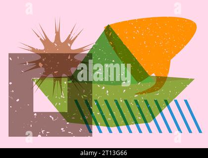 Risograph paper ship with speech bubble and geometric shapes. Origami boat with geometry elements in trendy riso graph design. Stock Vector