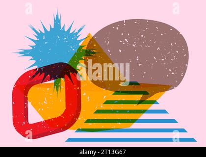 Risograph paper ship with speech bubble and geometric shapes. Origami boat with geometry elements in trendy riso graph design. Stock Vector