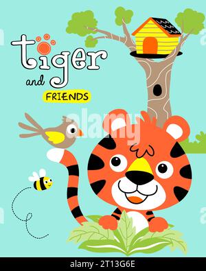 Vector of tiger cartoon with bird and bee on tree house background Stock Vector