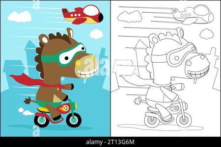 Coloring book vector of funny  horse in super hero costume riding motorcycle on buildings background with a plane Stock Vector