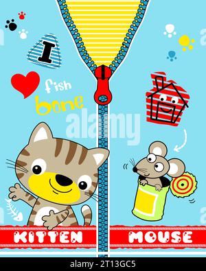 Animals cartoon vector, kitten and mouse in kids apparel pattern Stock Vector
