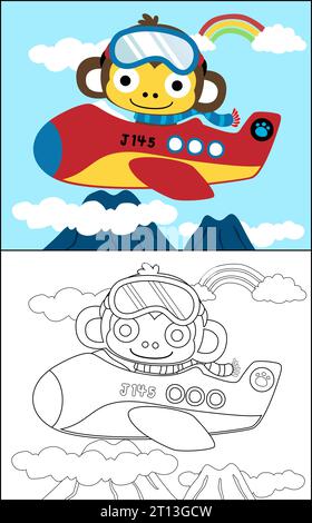 Coloring book vector with funny monkey on airplane Stock Vector