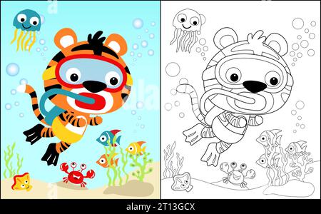 Coloring book vector of tiger diving undersea with marine animals Stock Vector