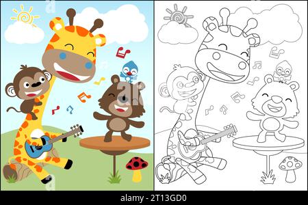 Coloring book vector of cute animals playing music and singing together in forest Stock Vector