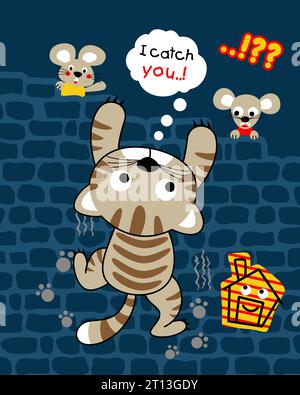 Animals cartoon vector, cat crawl on bricks wall hunting rats Stock Vector