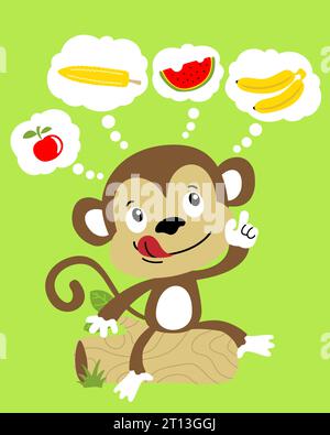 Funny monkey cartoon sitting on tree trunk thinking about fruits Stock Vector